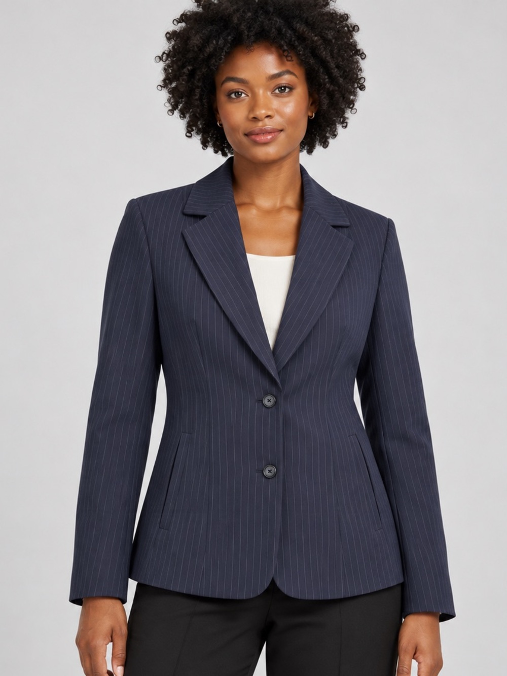 MEXX Women’s Navy Pinstripe Fitted Blazer Size 10 Wool Blend Career Jacket